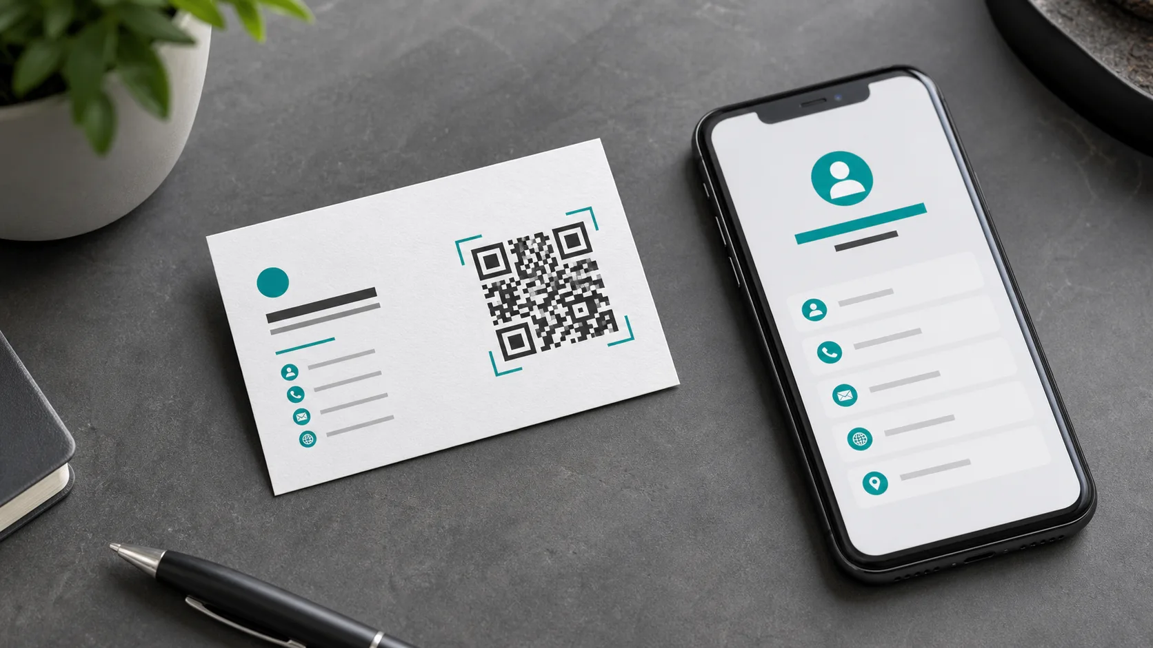 QR code on a business card with smartphone scan and contact page