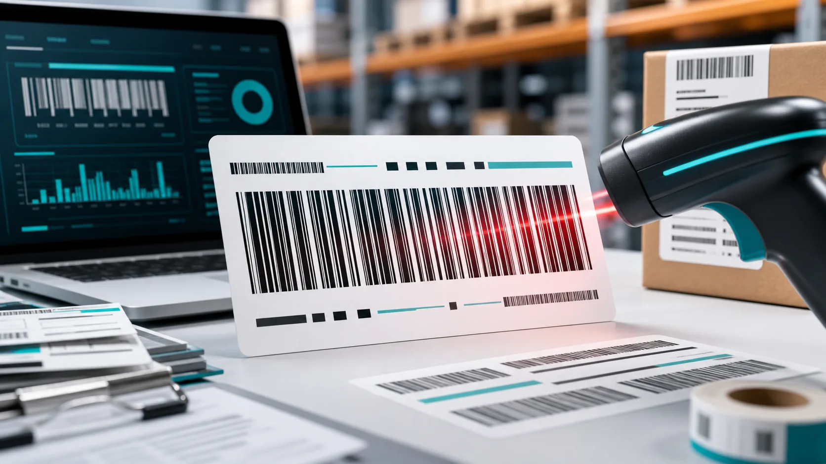 Code 128 barcode with scanner and logistics dashboard