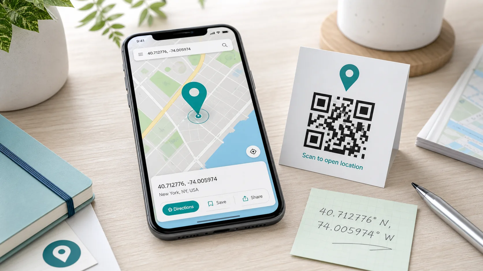 Smartphone map with GPS coordinates and a location QR code card