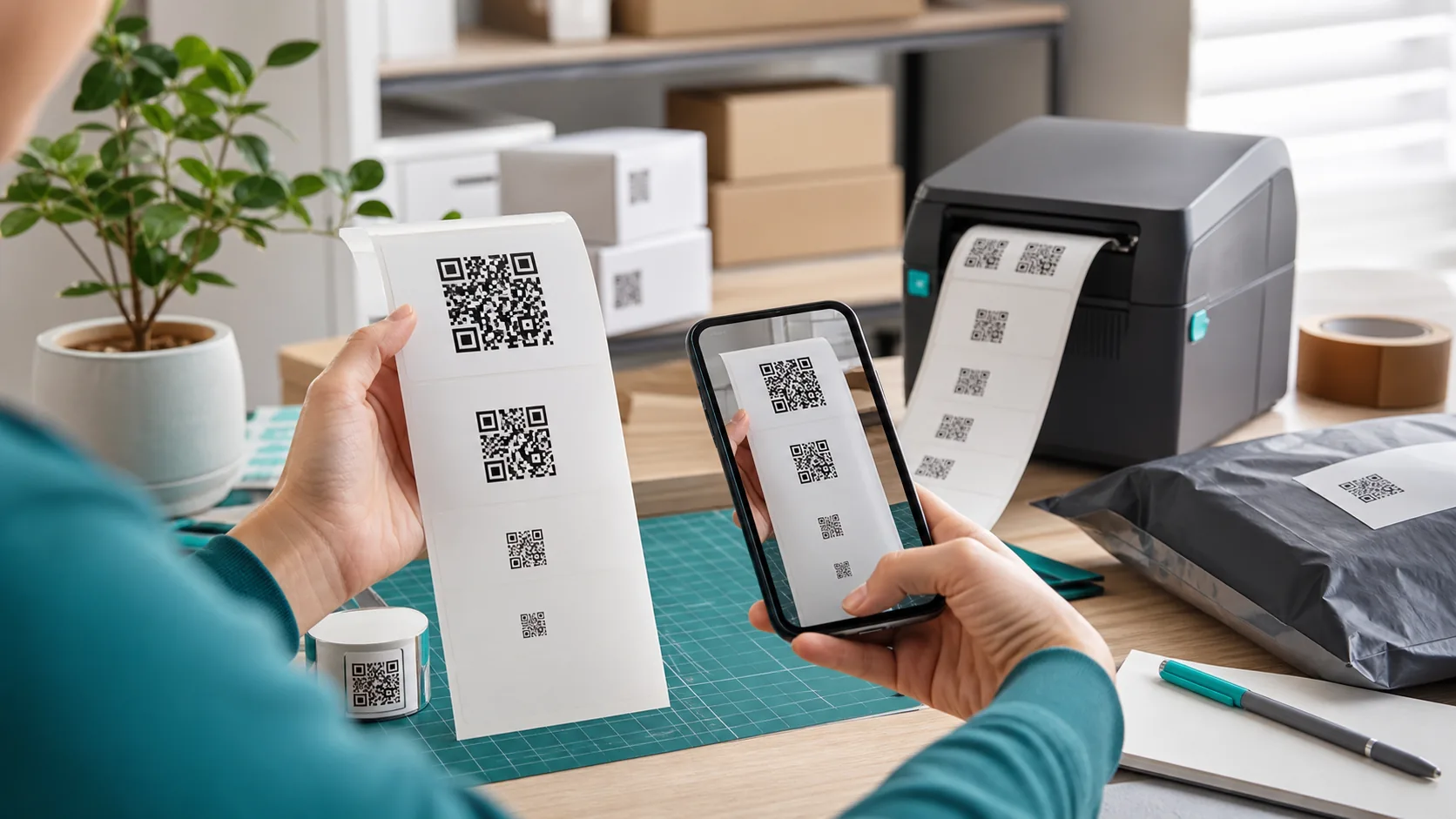 Small business tests printed QR code labels of different sizes with a smartphone