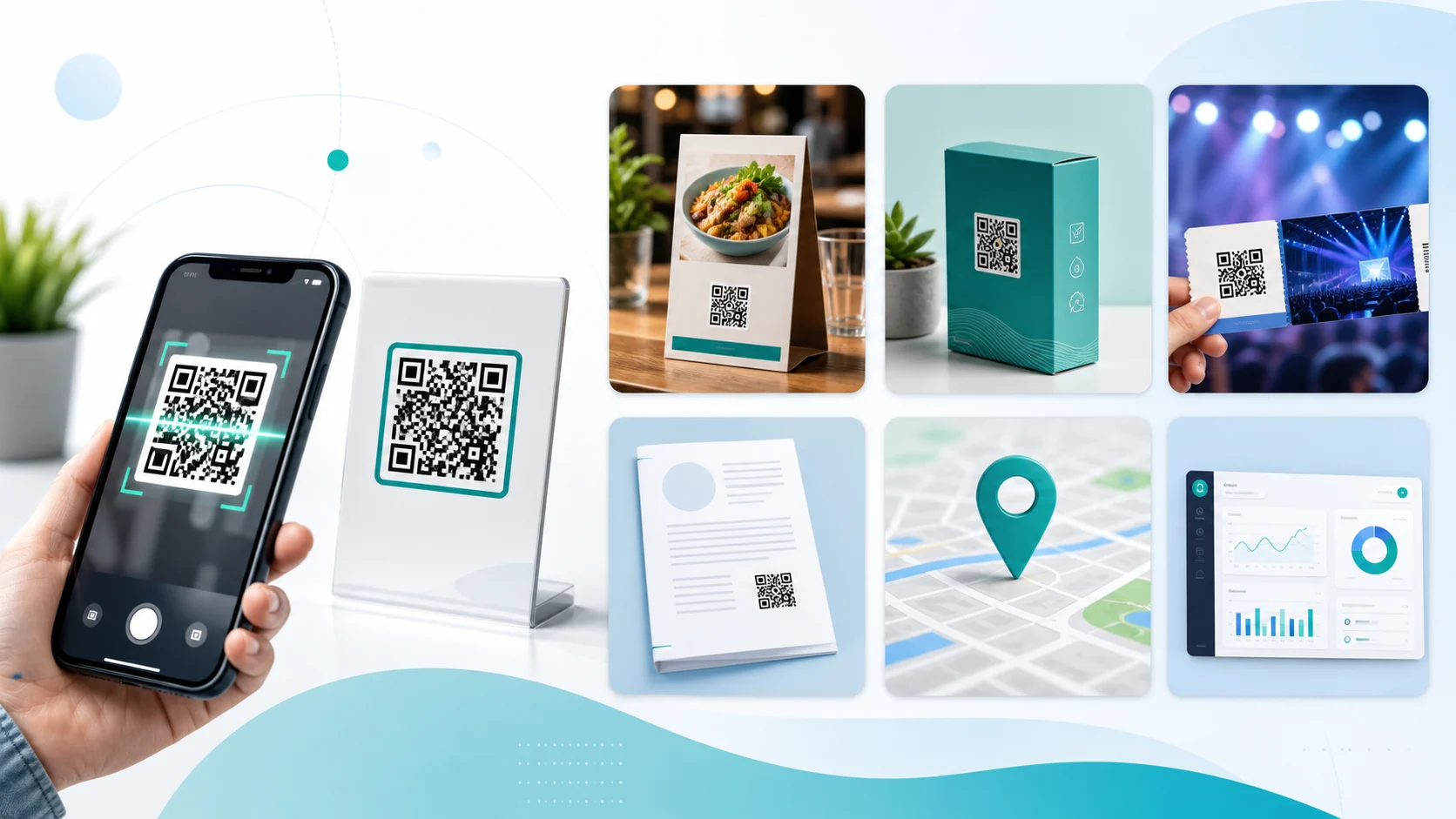 Smartphone scanning a QR code with examples for menu, product, ticket, PDF, location and analytics