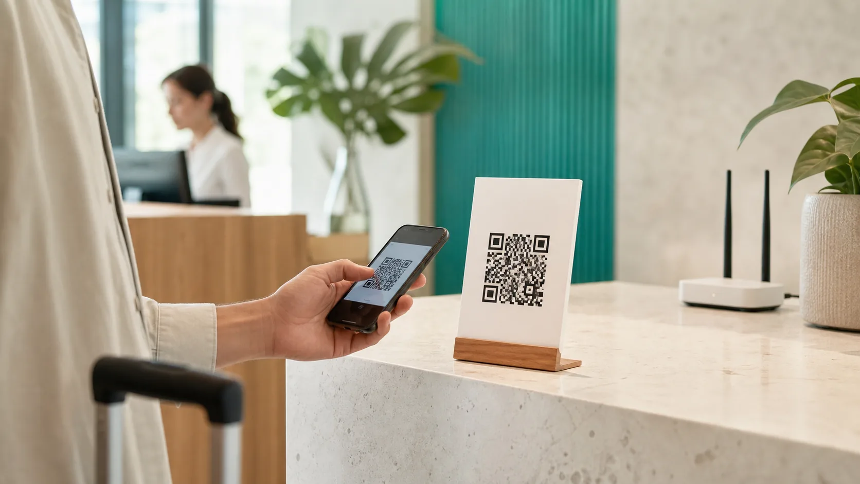 Guest scans a WiFi QR code at a modern reception desk with a router nearby